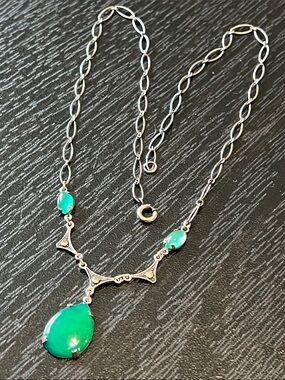 Antique Art Deco Signed Sterling Silver Green Glass Paste Marcasite Necklace